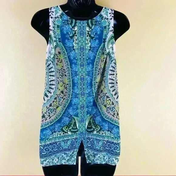 Etcetera Mandala Blue Floral Sleeveless Wrap Open Back Scoop Neck Top - Picture 6 of 10